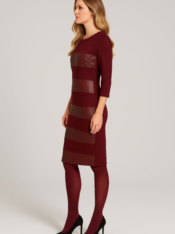 Μπορντό Φόρεμα με Δερματίνη και 3/4 Μανίκια