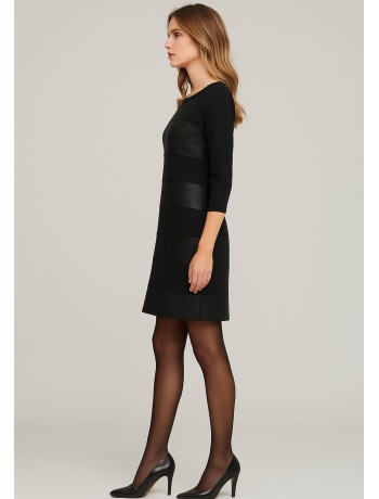 Μαύρο Φόρεμα Με Δερματίνη και 3/4 Μανίκια