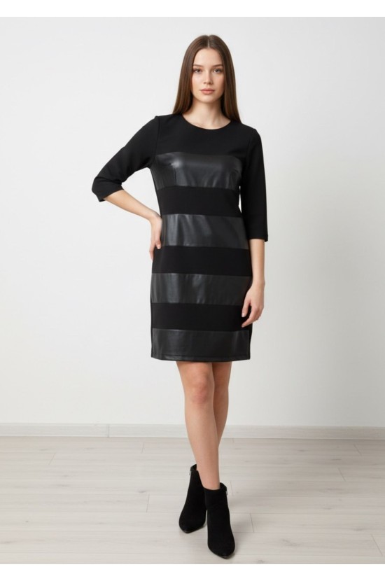 Black Dress With Leatherette and 3/4 Sleeves Black Dress With Leatherette and 3/4 Sleeves
