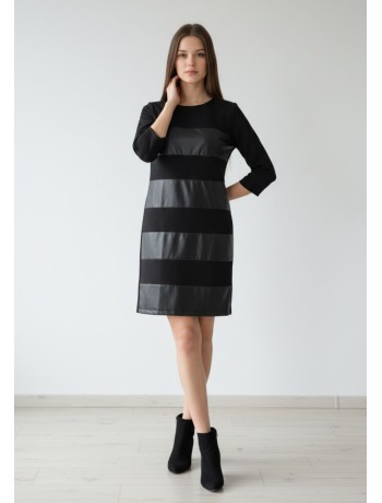 Black Dress With Leatherette and 3/4 Sleeves
