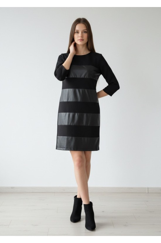 Black Dress With Leatherette and 3/4 Sleeves Black Dress With Leatherette and 3/4 Sleeves