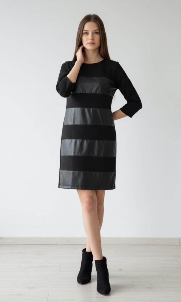 Black Dress With Leatherette and 3/4 Sleeves