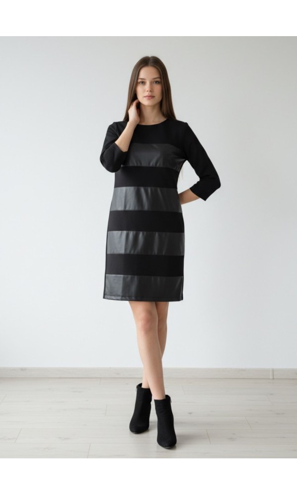 Μαύρο Φόρεμα Με Δερματίνη και 3/4 Μανίκια