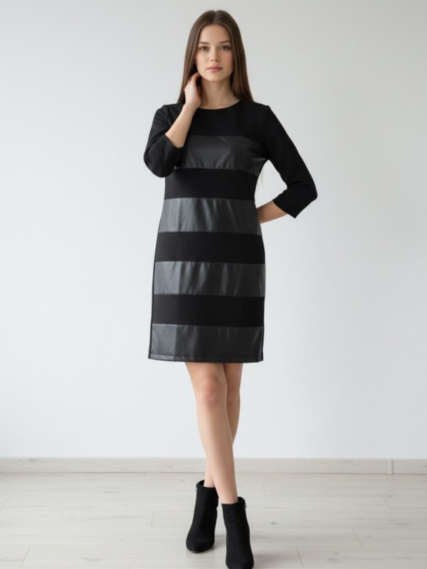 Μαύρο Φόρεμα Με Δερματίνη και 3/4 Μανίκια