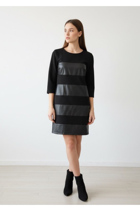 Black Dress With Leatherette and 3/4 Sleeves Black Dress With Leatherette and 3/4 Sleeves