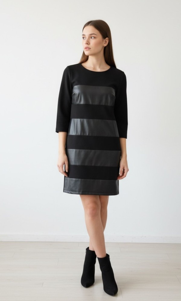 Black Dress With Leatherette and 3/4 Sleeves Black Dress With Leatherette and 3/4 Sleeves