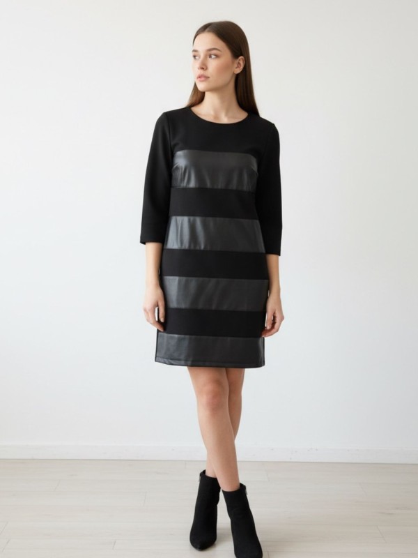 Μαύρο Φόρεμα Με Δερματίνη και 3/4 Μανίκια