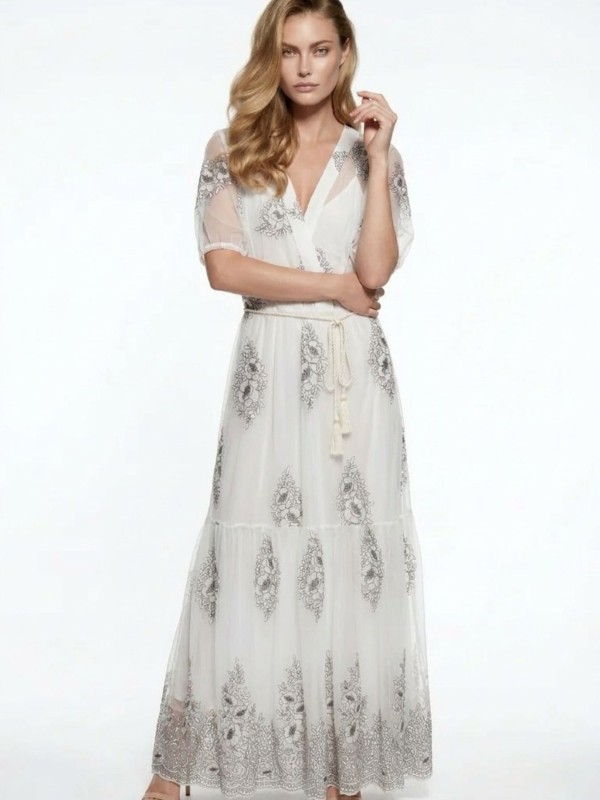 Maxi Dress with Embroidery & Belt
