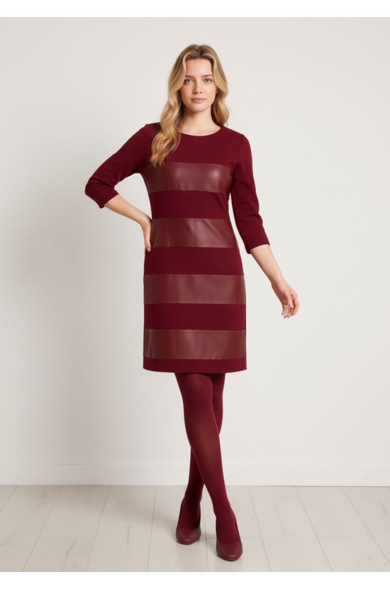 Μπορντό Φόρεμα με Δερματίνη και 3/4 Μανίκια
