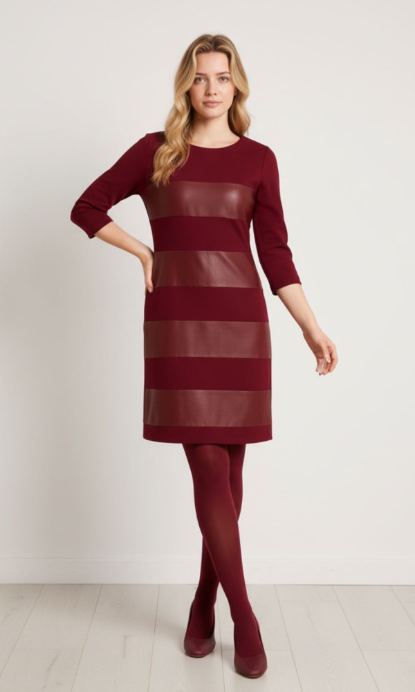 Μπορντό Φόρεμα με Δερματίνη και 3/4 Μανίκια