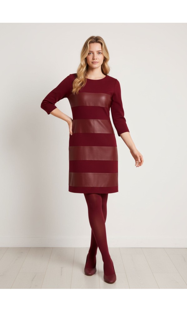 Μπορντό Φόρεμα με Δερματίνη και 3/4 Μανίκια