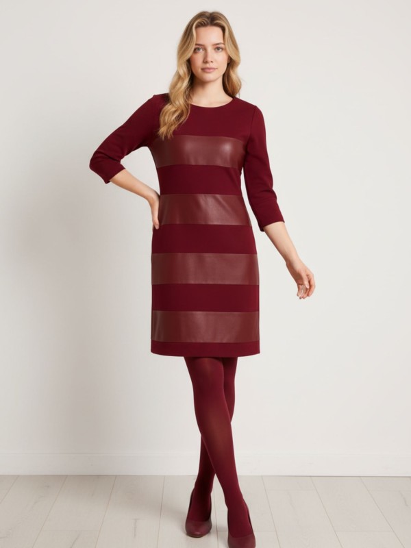 Bordeaux Dress with Leather and 3/4 Sleeves