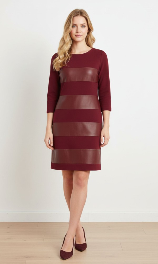 Μπορντό Φόρεμα με Δερματίνη και 3/4 Μανίκια