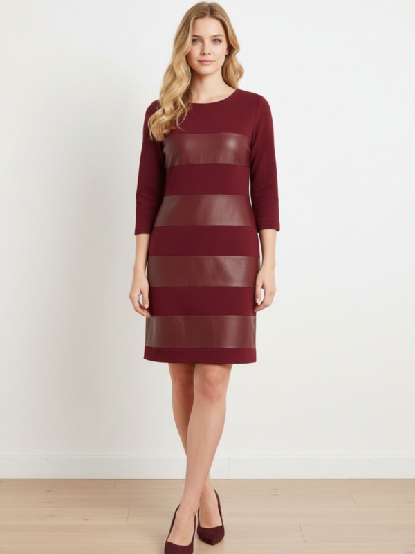 Bordeaux Dress with Leather and 3/4 Sleeves