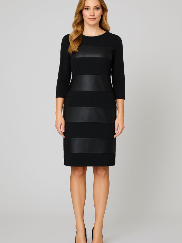 Μαύρο Φόρεμα Με Δερματίνη και 3/4 Μανίκια