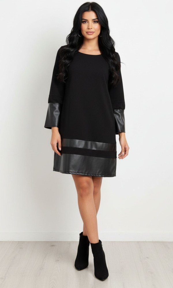 Μαύρο Φόρεμα Mε Λεπτομέρειες Δερματίνηs