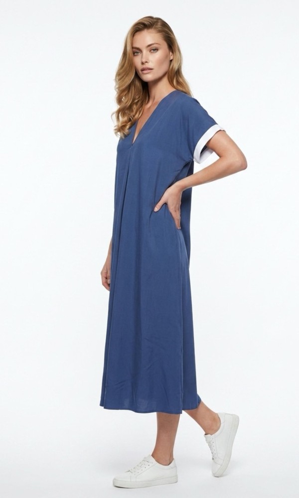 Maxi Φόρεμα Με V Σε Denim Blue Maxi Φόρεμα Με V Σε Denim Blue