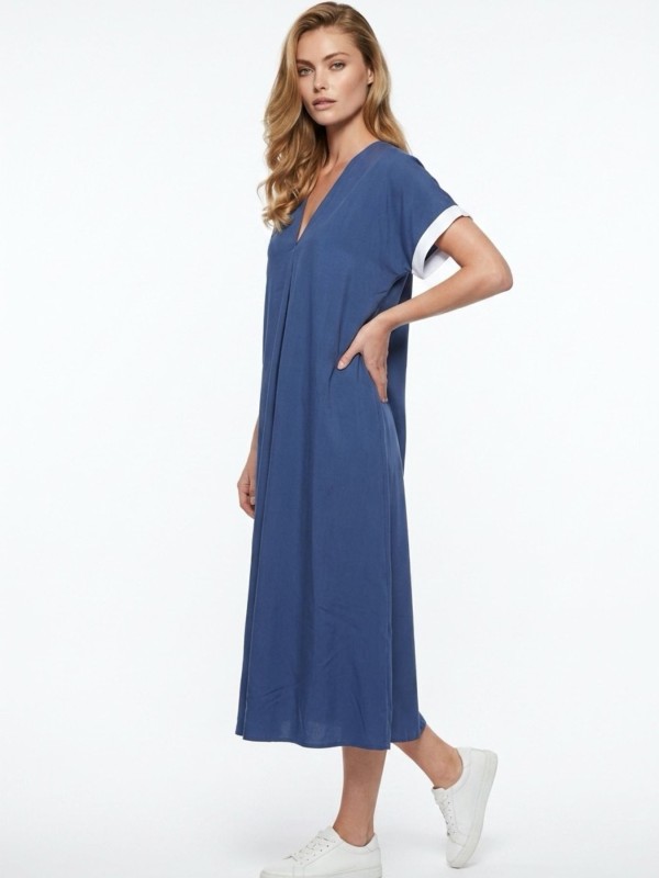 Maxi Φόρεμα Με V Σε Denim Blue