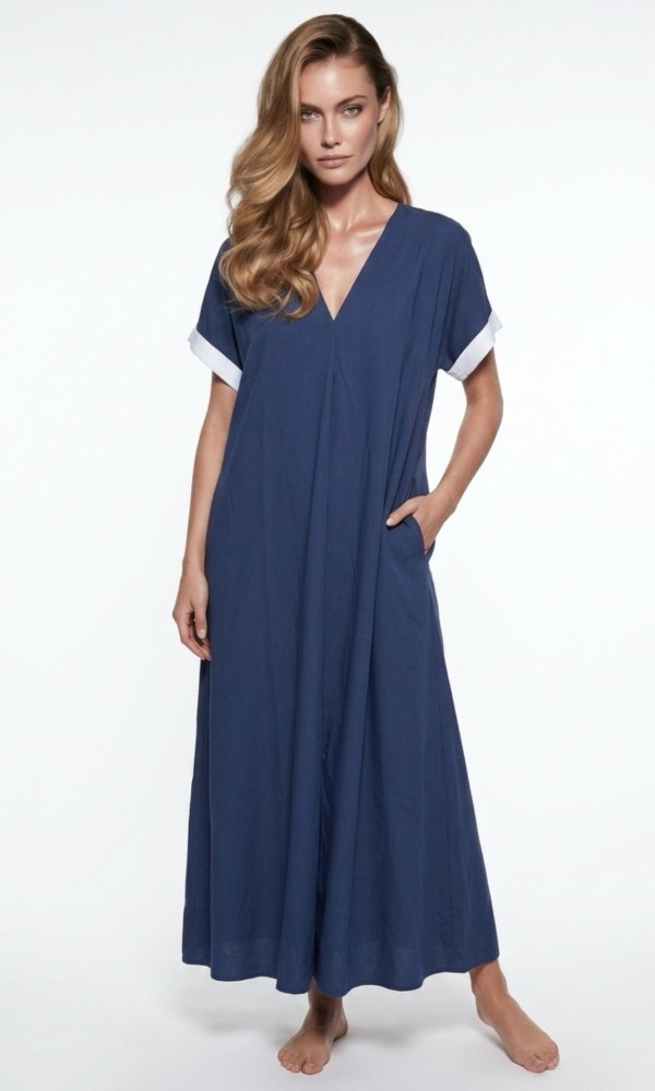 Maxi Φόρεμα Με V Σε Denim Blue
