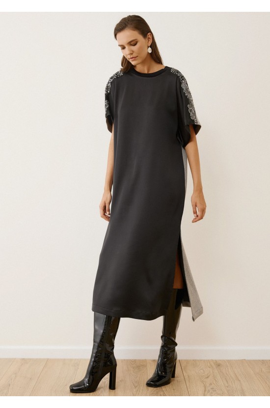 Midi Colorblock Dress with Embroidered Details