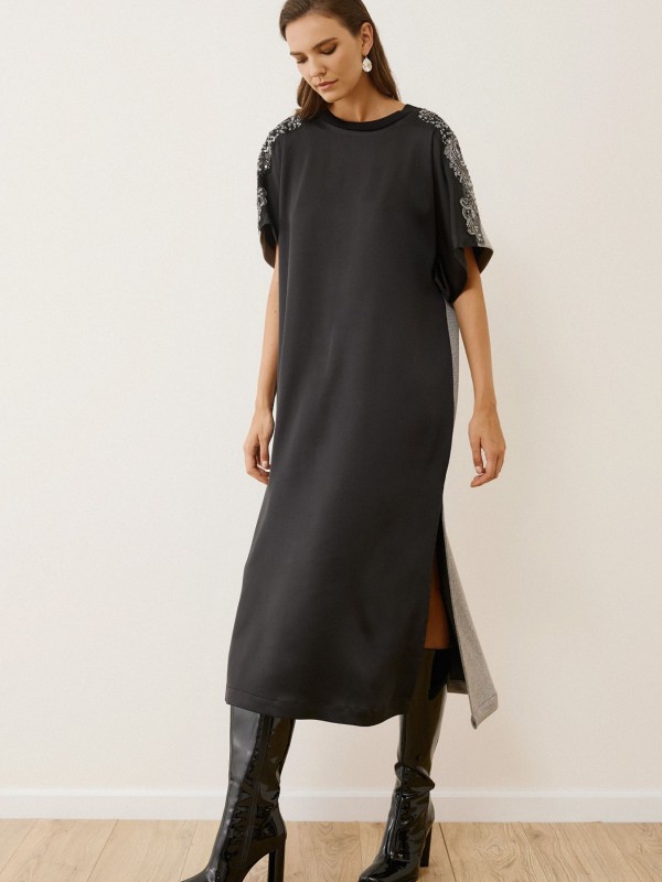 Midi Φόρεμα Colorblock με Κεντητές Λεπτομέρειες