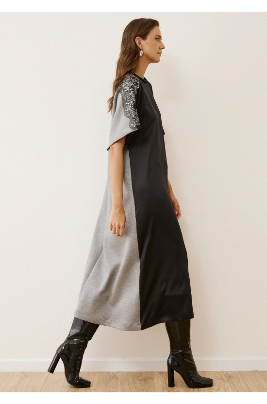 Midi Colorblock Dress with Embroidered Details