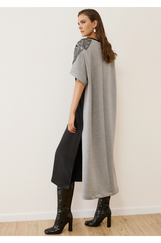 Midi Colorblock Dress with Embroidered Details