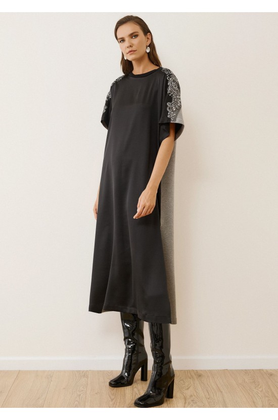 Midi Colorblock Dress with Embroidered Details