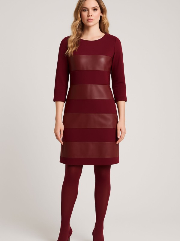 Μπορντό Φόρεμα με Δερματίνη και 3/4 Μανίκια