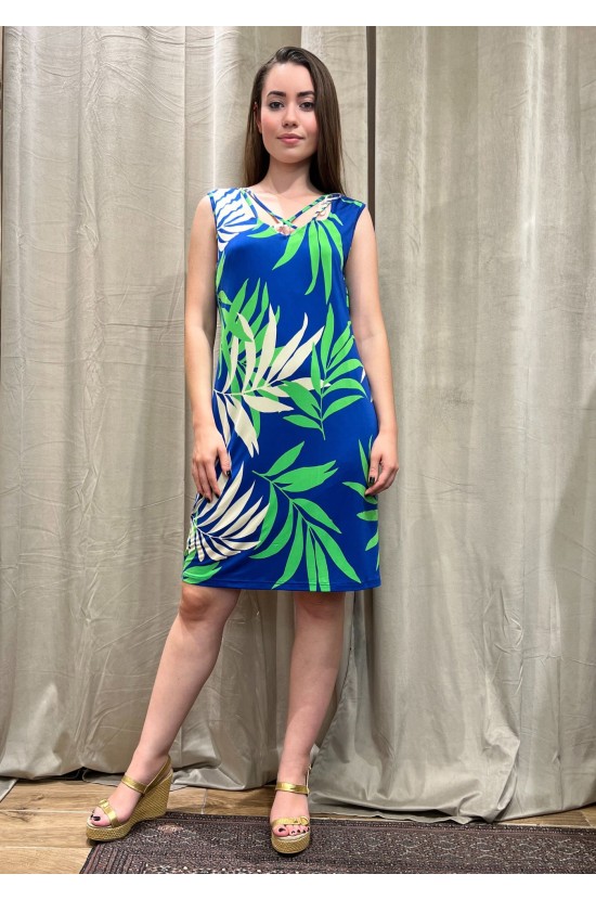 Blue Embrimé Dress With Leaves