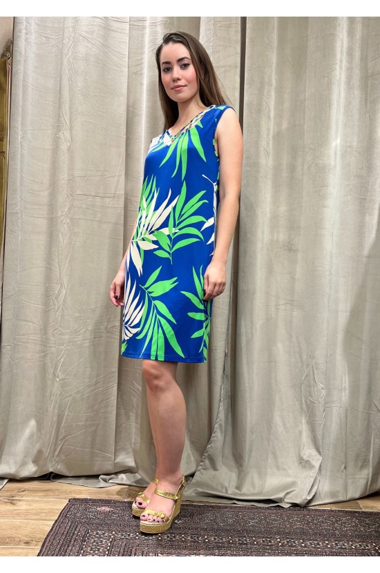 Blue Embrimé Dress With Leaves