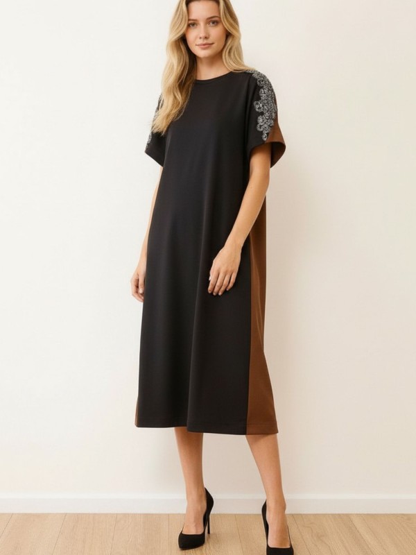 Colorblock Dress with Embroidered Details