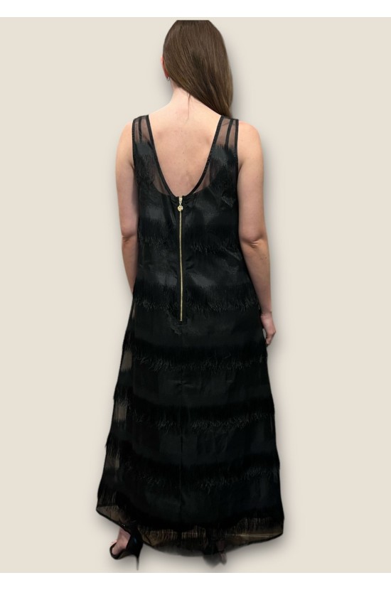 Φόρεμα Μαύρο Μακρύ Με Κρόσσια Και Διαφάνεια