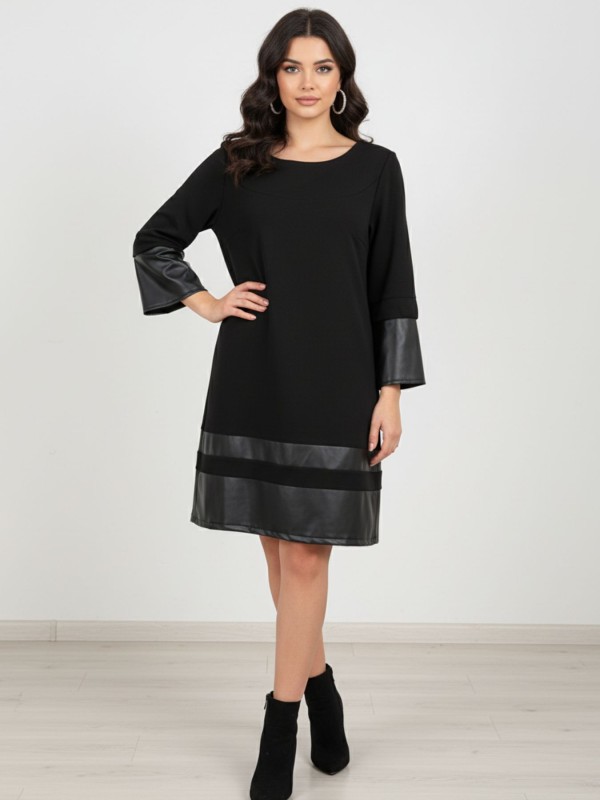 Μαύρο Φόρεμα Mε Λεπτομέρειες Δερματίνηs