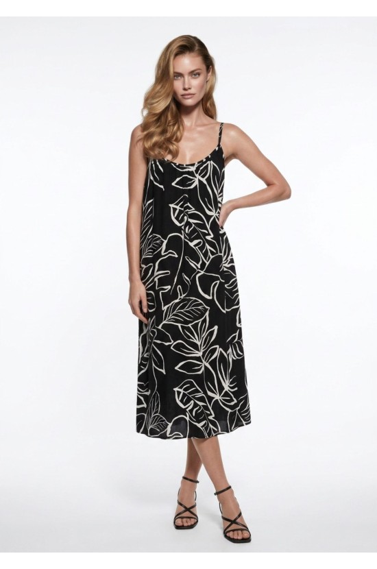 Μαύρο Midi Φόρεμα με Λευκό Φλοράλ Print