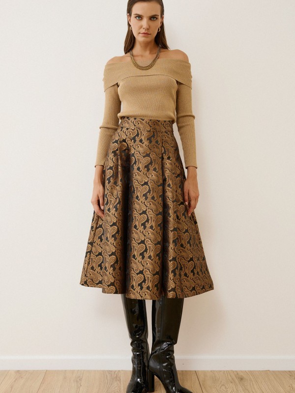 Midi Skirt with Gold Paisley Pattern