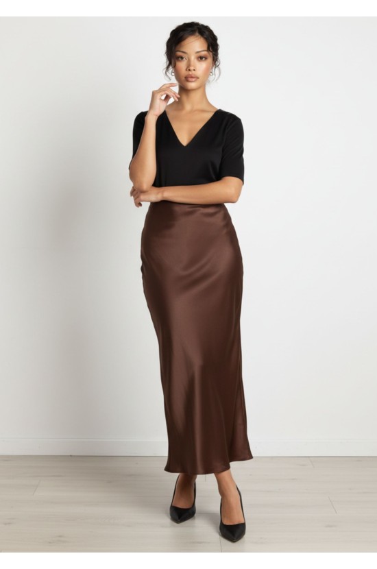 Midi Satin Σοκολά Φούστα
