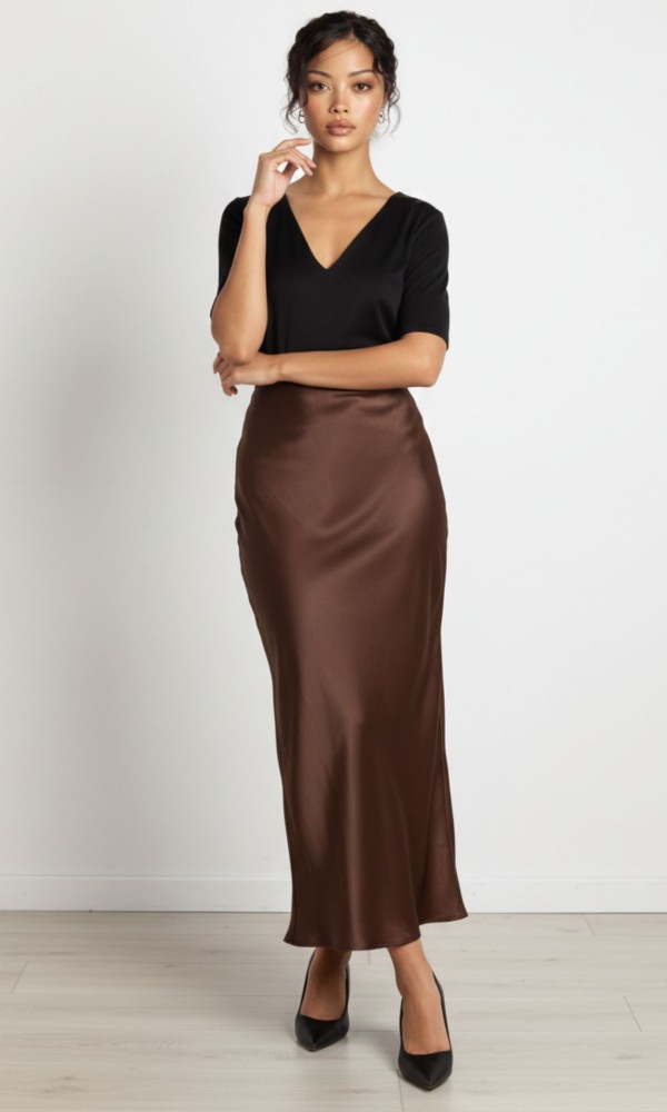 Midi Satin Σοκολά Φούστα
