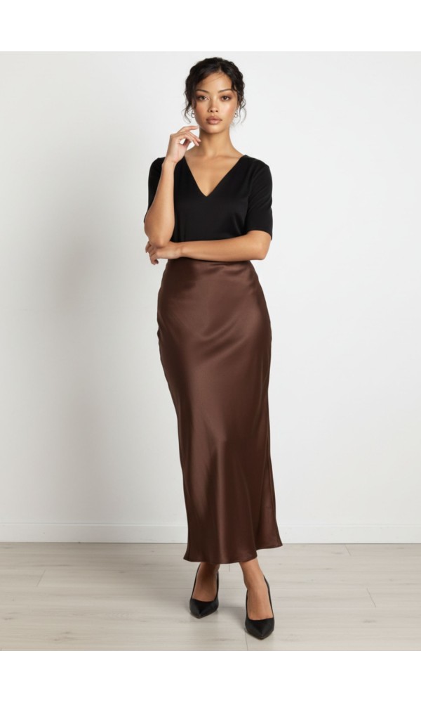 Midi Satin Σοκολά Φούστα