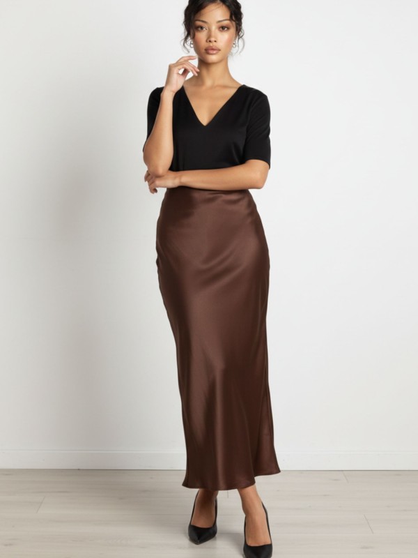 Midi Satin Chocolate Skirt