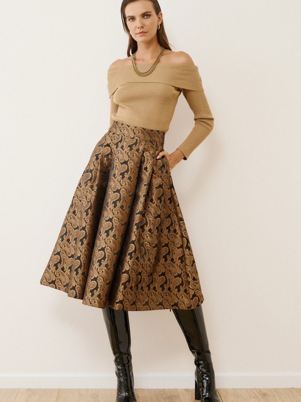 Midi Skirt with Gold Paisley Pattern