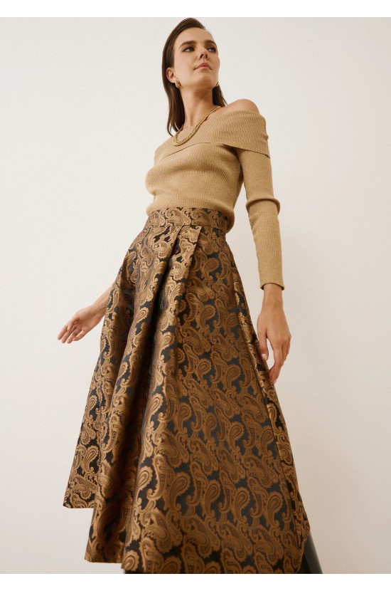 Midi Φούστα με Χρυσό Σχέδιο Paisley