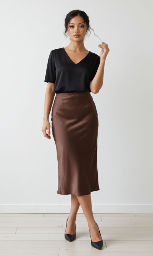 Midi Satin Σοκολά Φούστα Midi Satin Σοκολά Φούστα