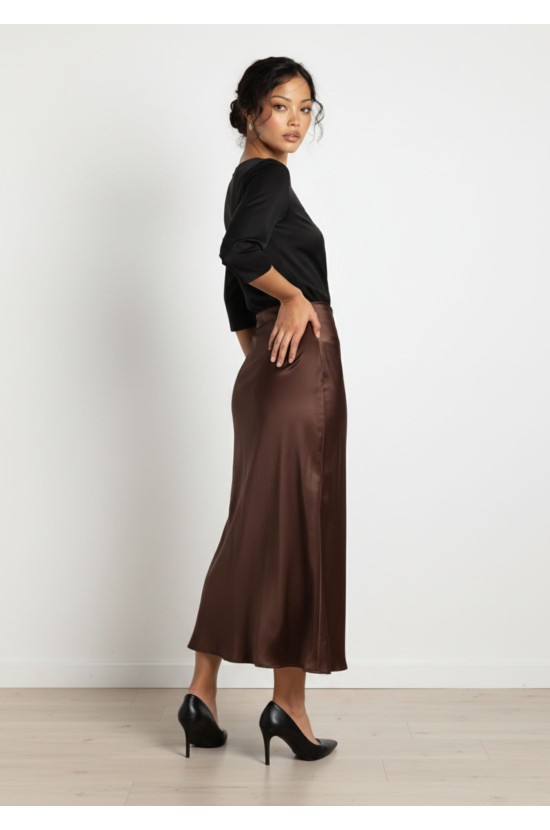 Midi Satin Σοκολά Φούστα