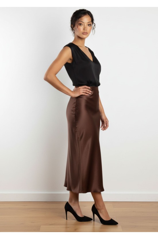Midi Satin Σοκολά Φούστα