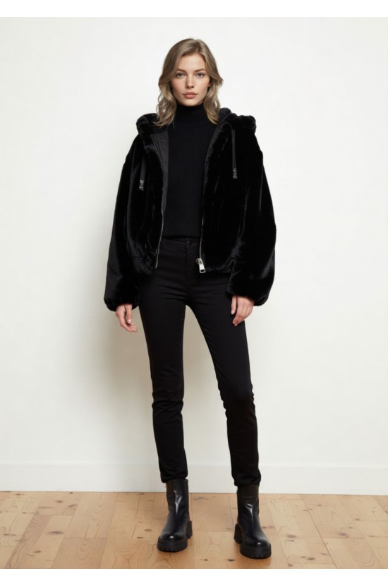 Μαύρο Faux Fur Γουνάκι με Κουκούλα Μαύρο Faux Fur Γουνάκι με Κουκούλα