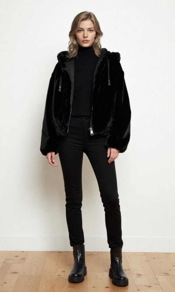 Μαύρο Faux Fur Γουνάκι με Κουκούλα