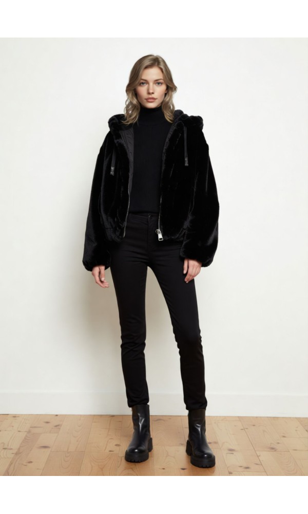 Μαύρο Faux Fur Γουνάκι με Κουκούλα