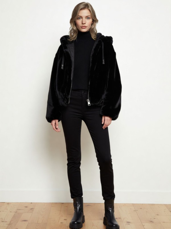 Μαύρο Faux Fur Γουνάκι με Κουκούλα