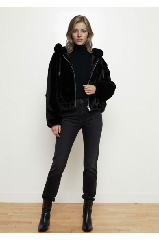 Μαύρο Faux Fur Γουνάκι με Κουκούλα Μαύρο Faux Fur Γουνάκι με Κουκούλα